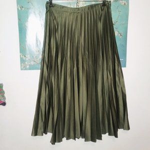 Topshop Olive Green Satin Pleated Midi Skirt